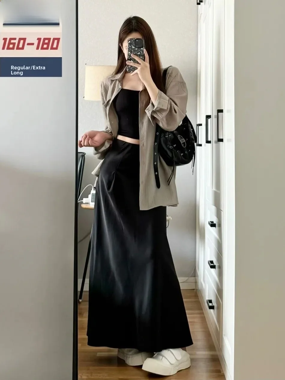 

Extended Length Satin f Body Skirt for Women High Waist Slimming Bla Long Skirt Korean Sle Commute High Quali
