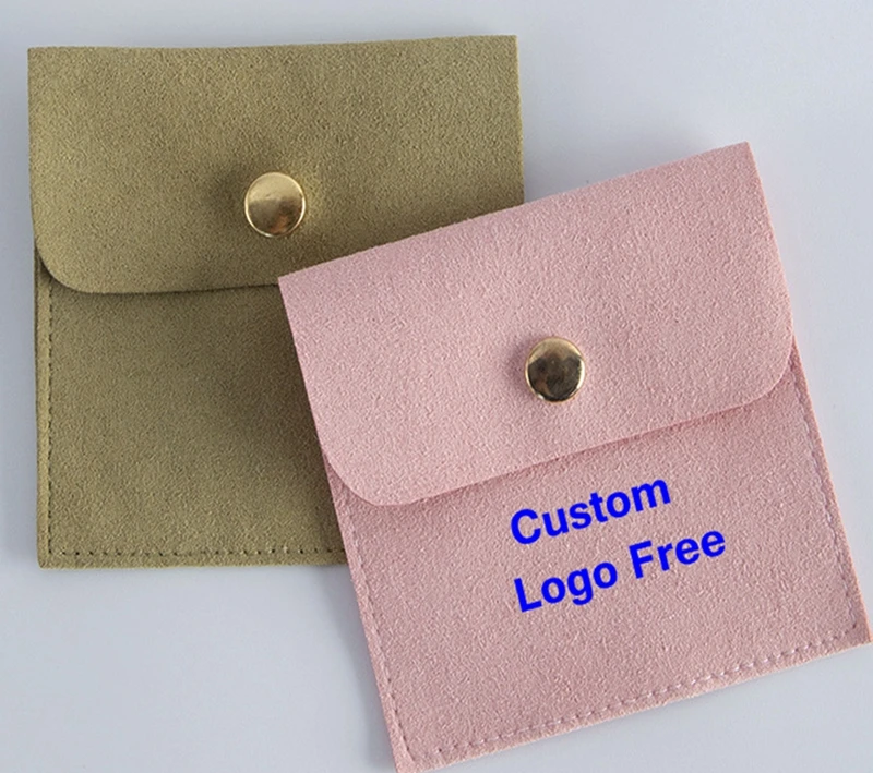 100pcs Custom logo 8X8CM Square Snap Jewelry Pouches Packaging Mini Microfiber Soft Velvet Gift Bag Ring Necklace Bag