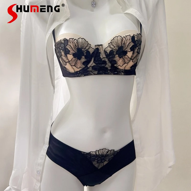 

See Through Underwear Set for Women Push Up Small Chest Sexy Brief Sets Female Pure Desire Soft Underwire Lace Bra Suits