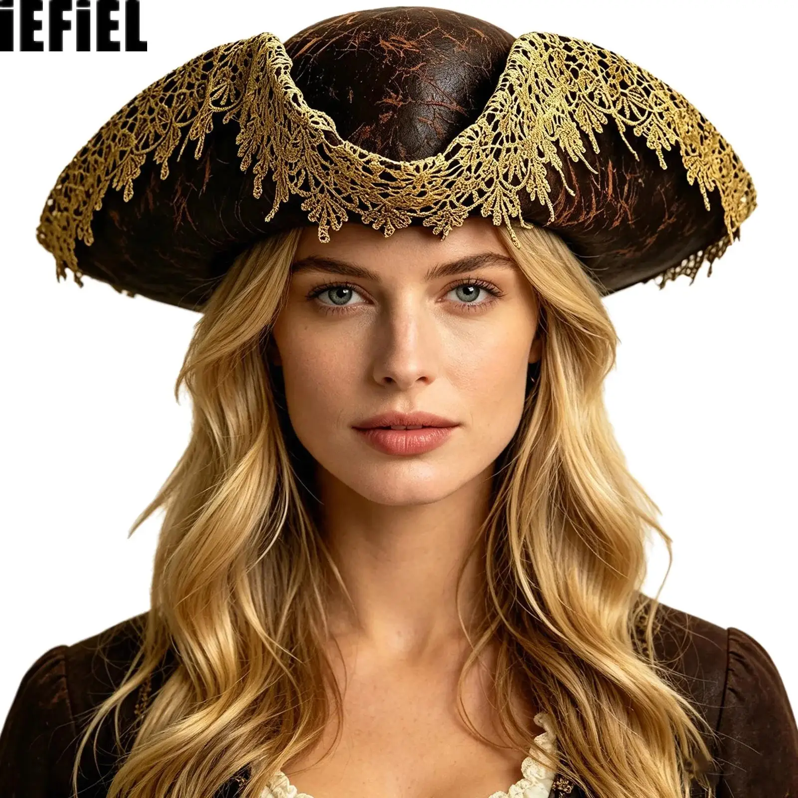 Adults Women Men Pirate Hat Lace Trim Faux Leather Cap for Halloween Theme Party Cosplay Masquerade