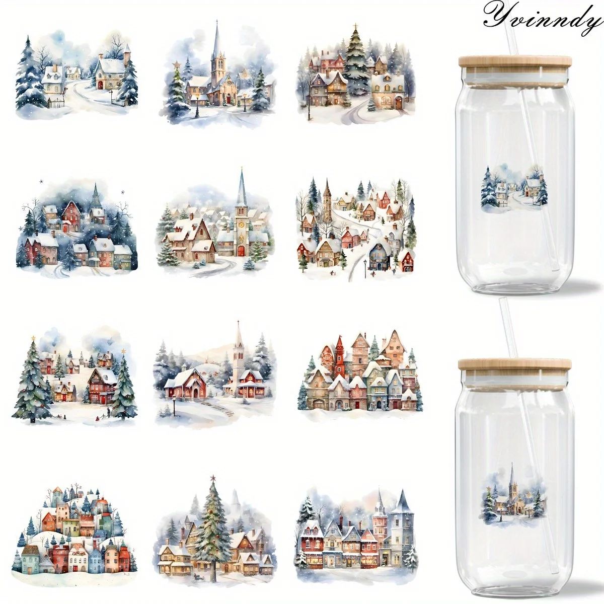 12Pcs/Set Christmas Snow Scenery DIY Glass Jar Packaging Stickers UV DTF High Self-Adhesive Transfer Paper