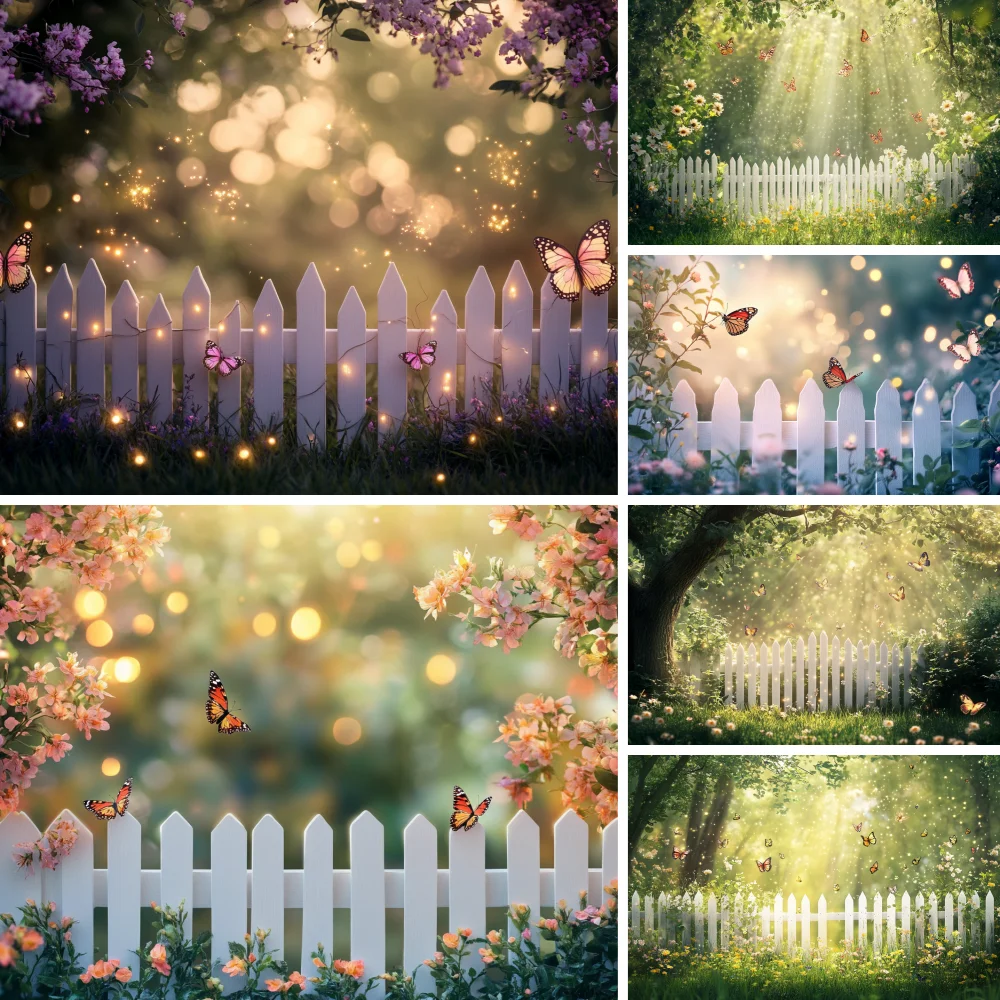 

Spring Butterfly Lawn Background For Photography Flowers Green Plant Fence Light Backdrop Cloth Birthday Decorations Photozone