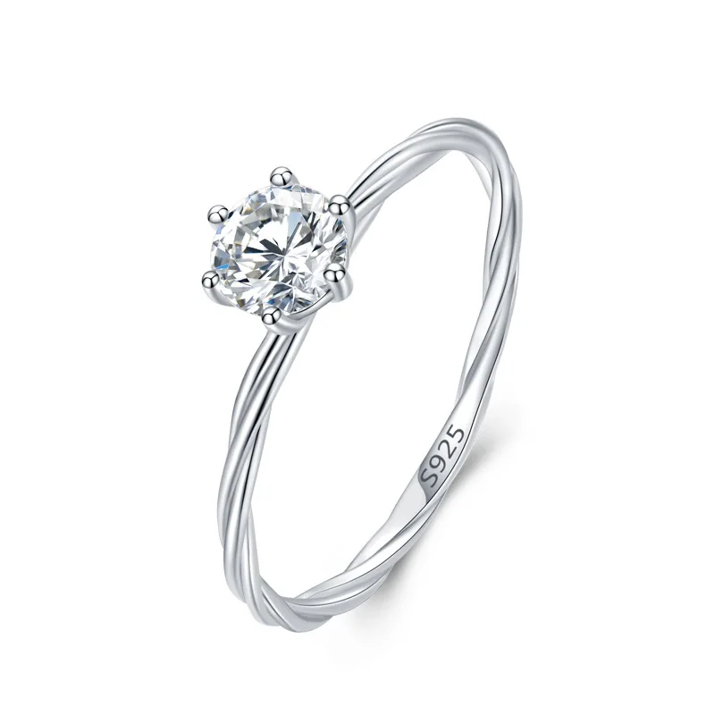 

S925 Women's Fine Simple Twist Six-Claw Diamond Platinum-Plated Pure Silver Ring