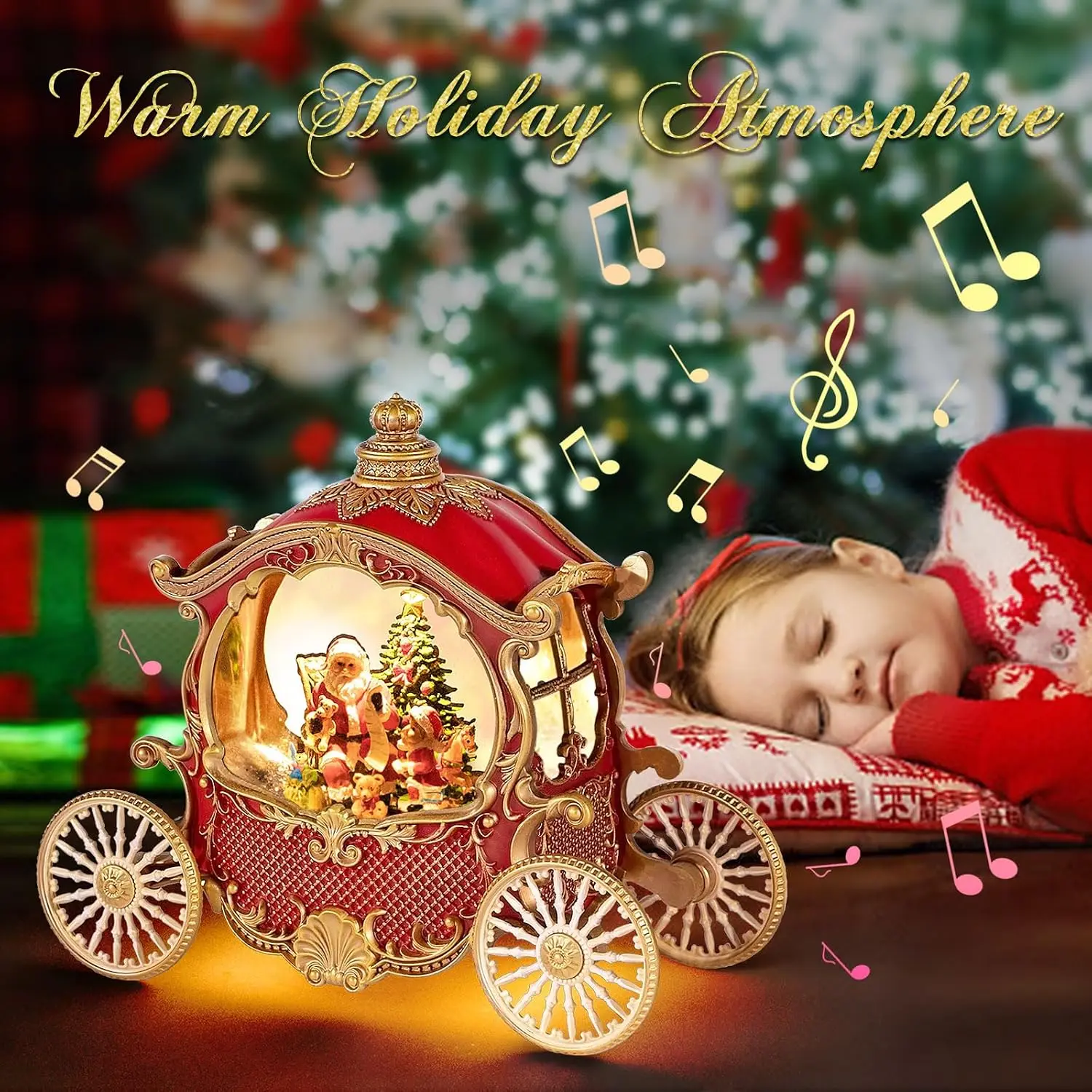 Musical Christmas Snow Globe Lantern, Vintage Carriage Holiday Decor with 8 Songs, 6-Hour Timer, USB or Battery Powered, Glittering Water Globe