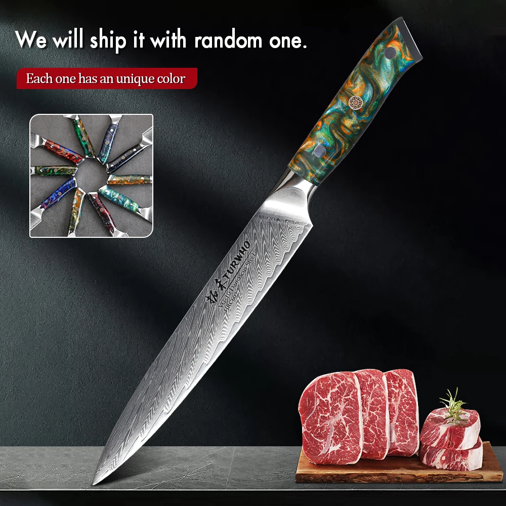 

TURWHO 8" Slicing Knife Japanese Carving VG10 Core 67 Layers Damascus Steel Resin Handle Ultra Sharp Cleaver Meat Kitchen Knives