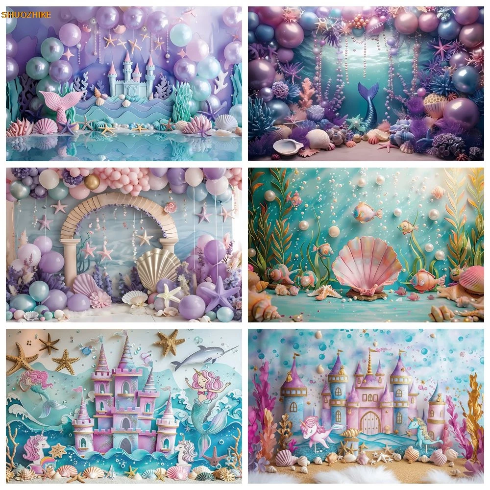 

Baby 1st Birthday Photography Backdrop Mermaid Theme Balloons Underwater World Princess Castle Birthday Party Photo Background