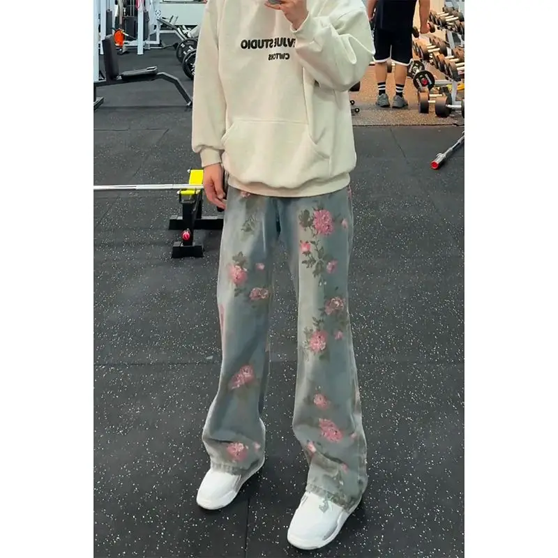 

American Rose Embroidered Jeans Men's Spring Autumn Cleanfit Design Floral Print Straight Leg Micro Flared Pants