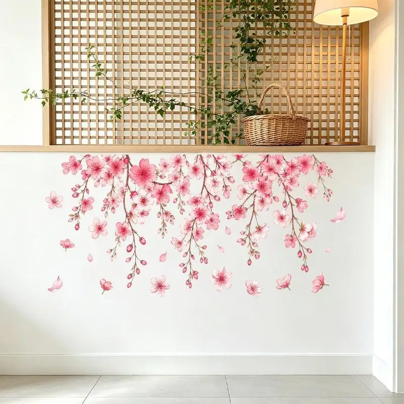 Pink Cherry Blossom Wall Stickers Self Adhesive Waterproof Perfect For Living Room Bedroom Home Decor