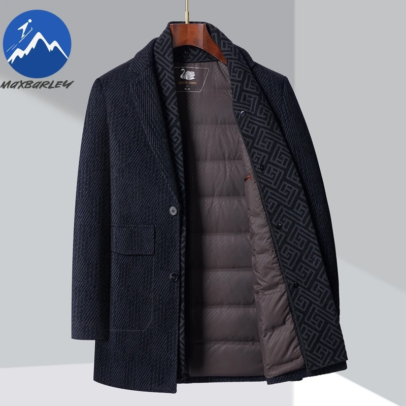 Maxbarley Winter Woolen Coat Men High-end Designer Detachable Goose Down Lined Warm Jacket Business Party Slim Fit Long Overcoat