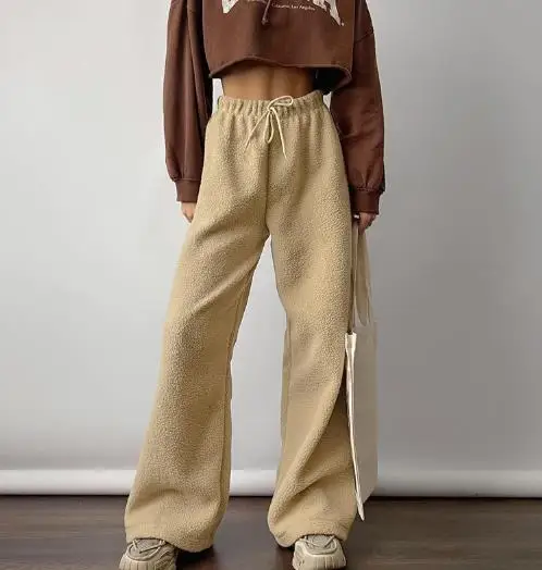 

Women's Pants 2025 Autumn Fashionable Warm Thick Fleece Casual Pants with Lace Up Mid Waist Loose Wide Leg Pants for Women
