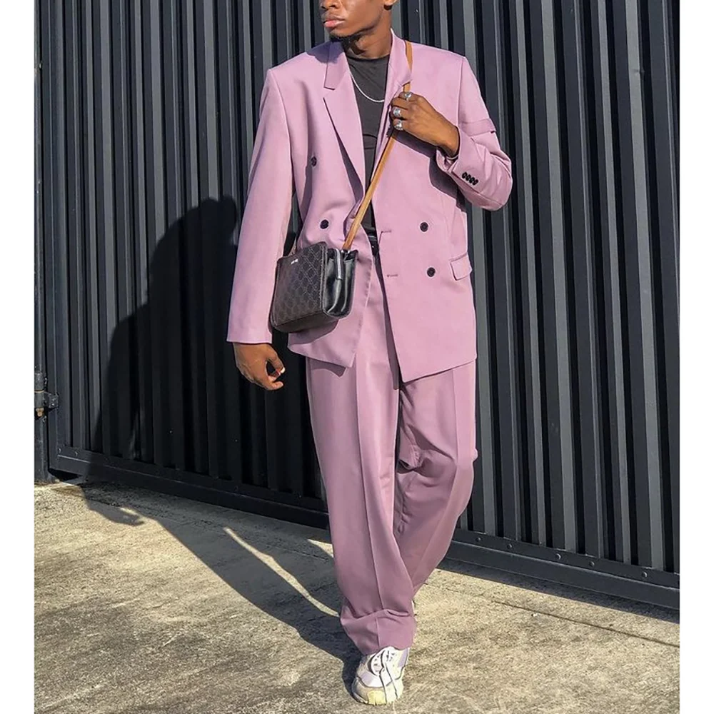 

Pastel Violet Loose Double Breasted Peaked Lapel Men Suits Wedding Casual Shopping Fashion Man Sets Two Pieces (Jacket+Pants)