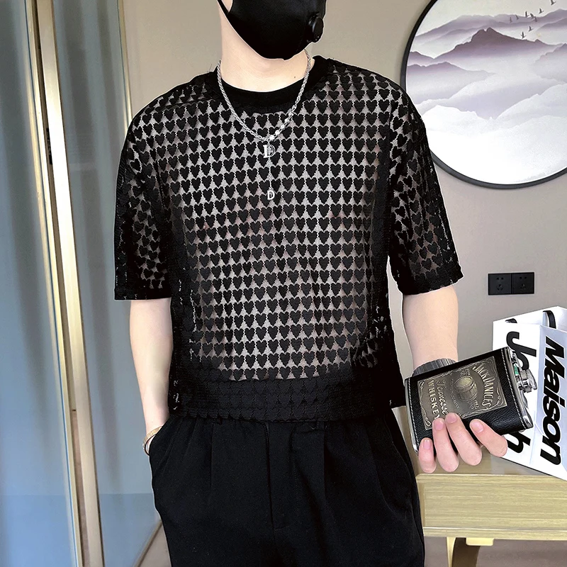 Men's Mesh T-shirts Sexy See Through Thin Tops Hollow Through Breathable Top Hip Hop Fishnet Top Solid Color Round Neck