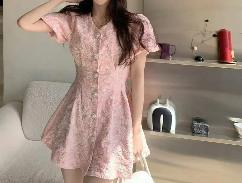 

2026 Summer New Women's V-neck Waist Cinched Short Bubble Sleeves Backless Printed Dress