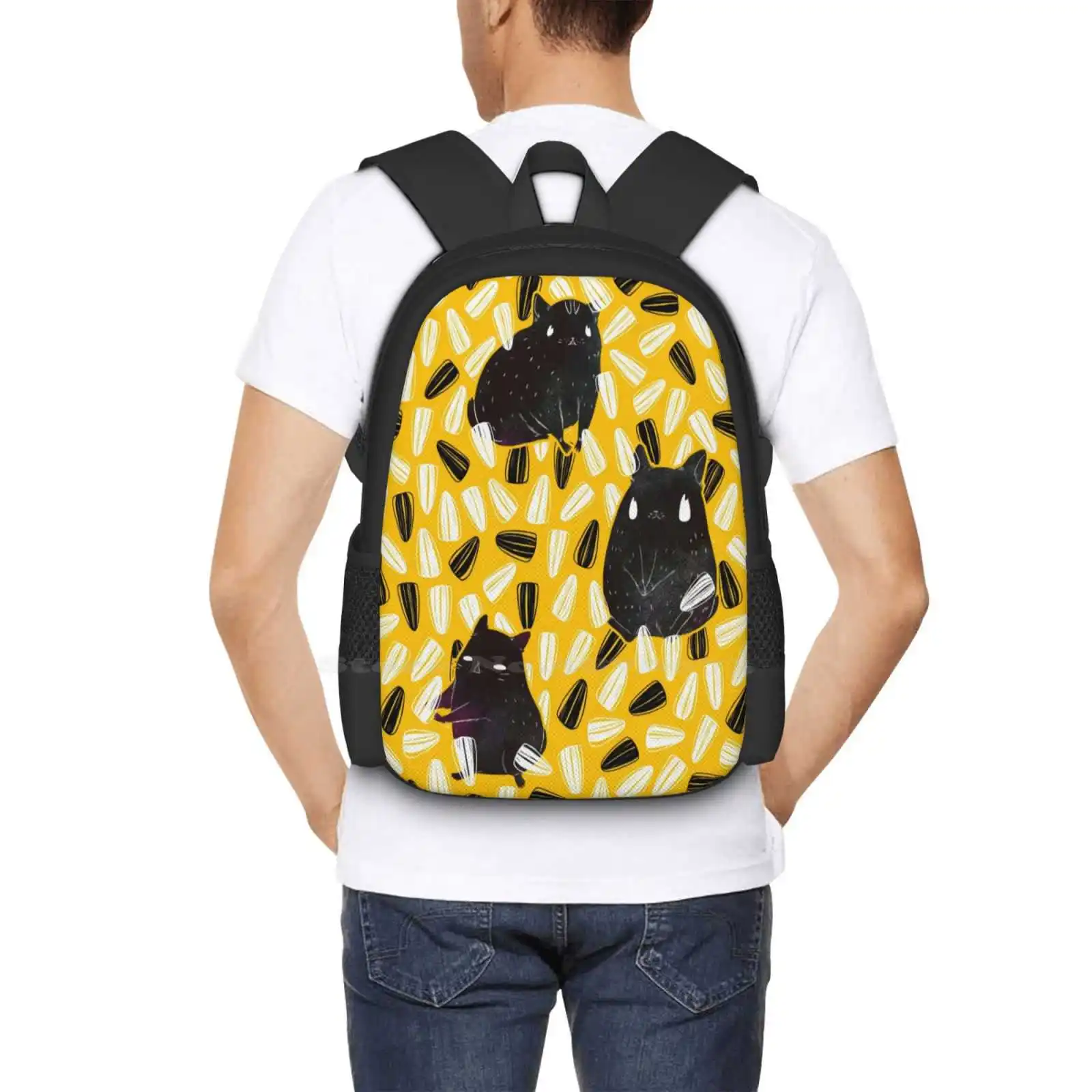 Seedy Hamsters 3D Print Design Backpack Student Bag Hamsters Sunflower Seeds Yellow Black White Watercolor Cute Animals Pets