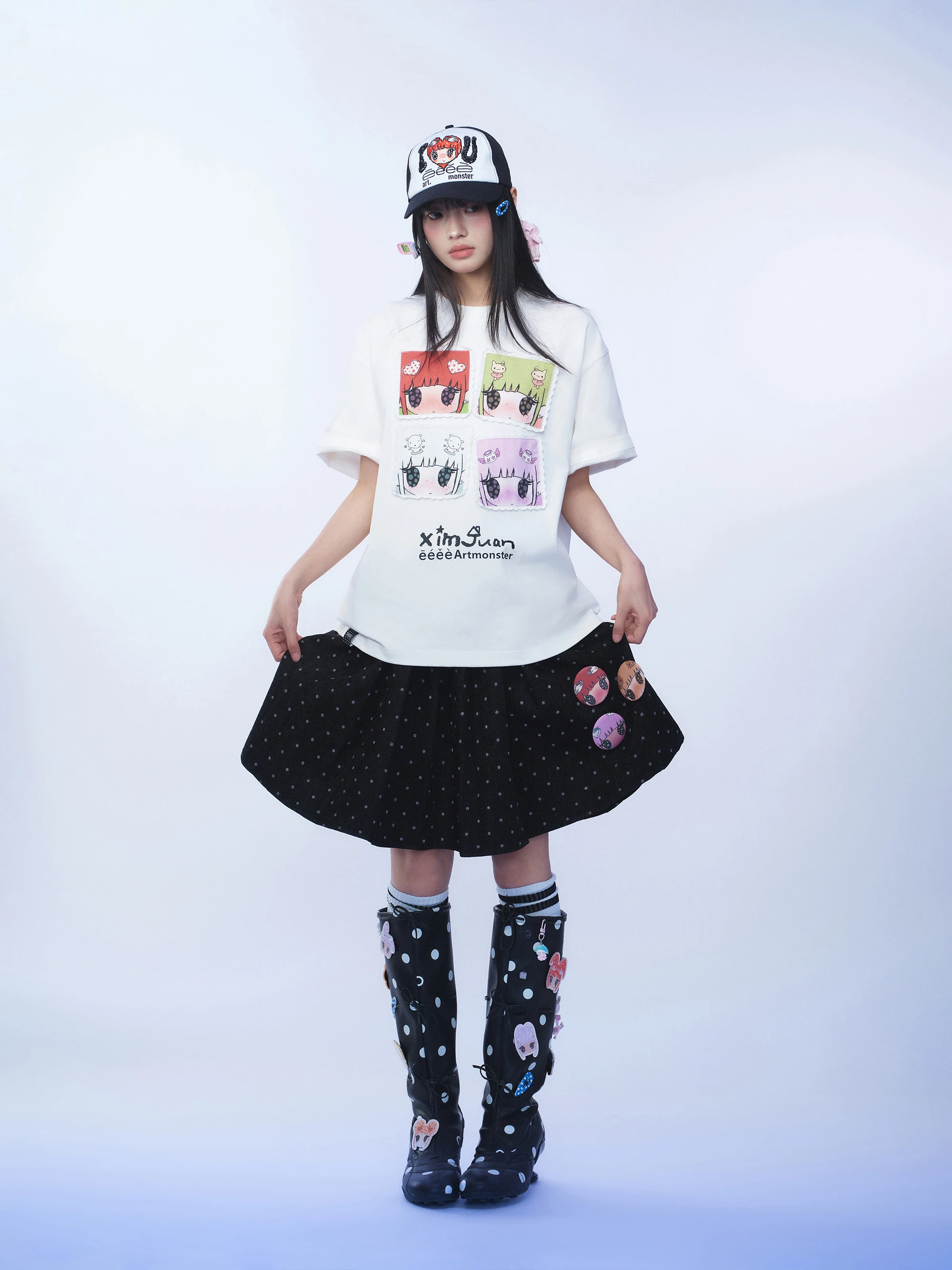 Cute Style Graffiti Lace Patch Short Sleeve Four Panel Head Image T-Shirt Standard Fit Skin Friendly Breathable Youthful Vita...