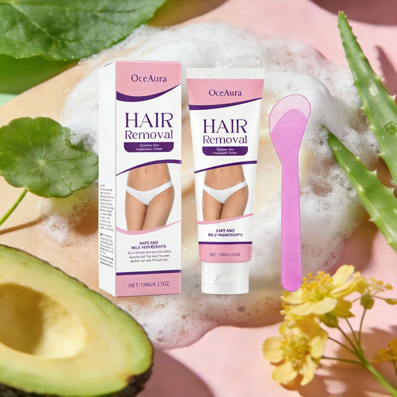 

OceAura Body Hair Removal Cream for Intimate Area Bikini Leg Arm Moisturizing Shea Butter Centella Depilatory Cream for Women