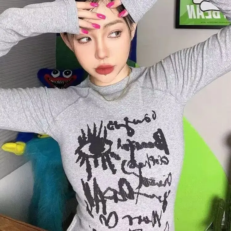 American Spice Girl Graffiti Printing Long Sleeve Letter Print Women T-Shirt Vintage Gothic Fashion Slim Bottoming Tee Shirts