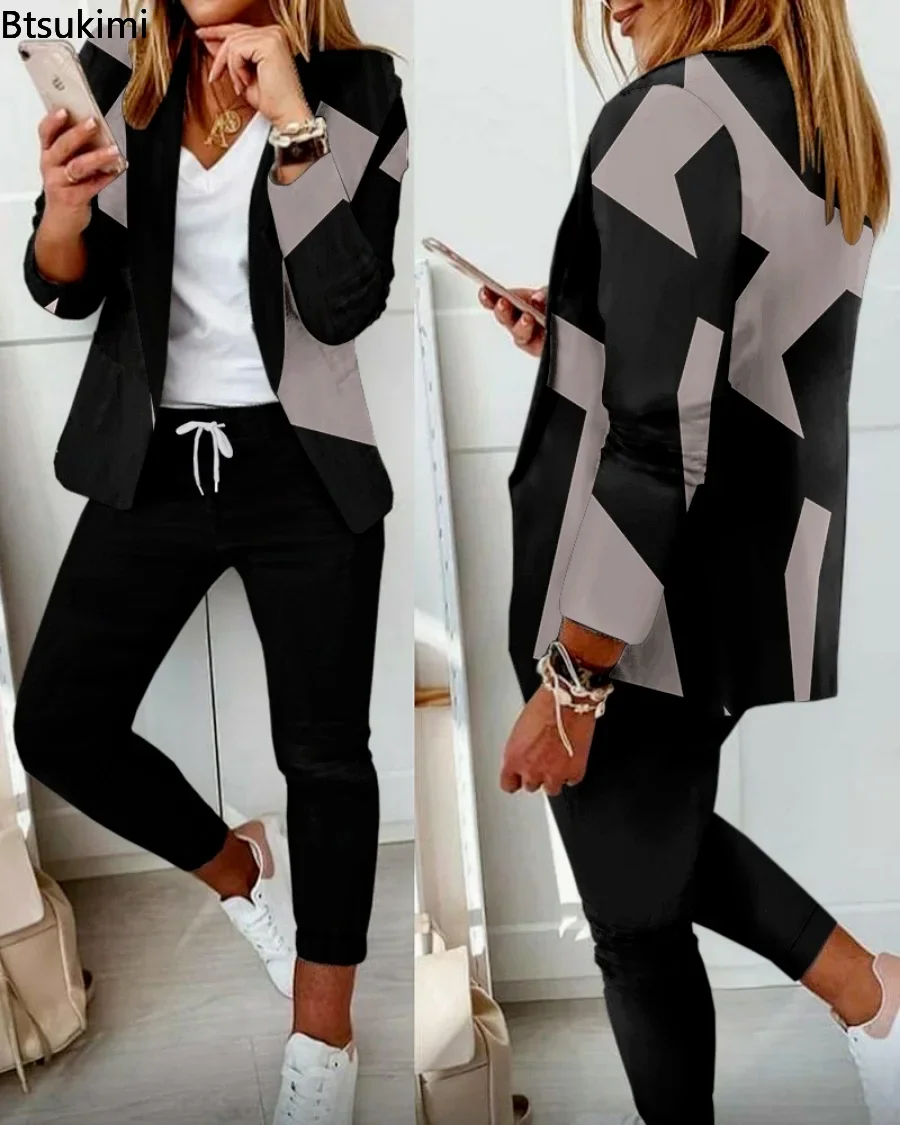 Primavera outono conjuntos de duas peças feminino impresso elegante blazer & calças conjunto outfits moda fatos de treino casual elegante conjuntos femininos