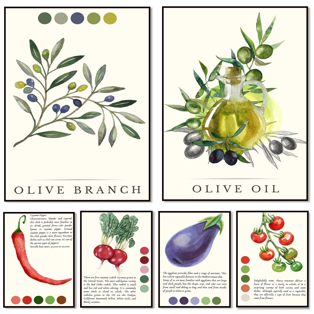 Olive print, Italian print, pepper, vegetable print, botanical art kitchen wall decor aesthetic poster