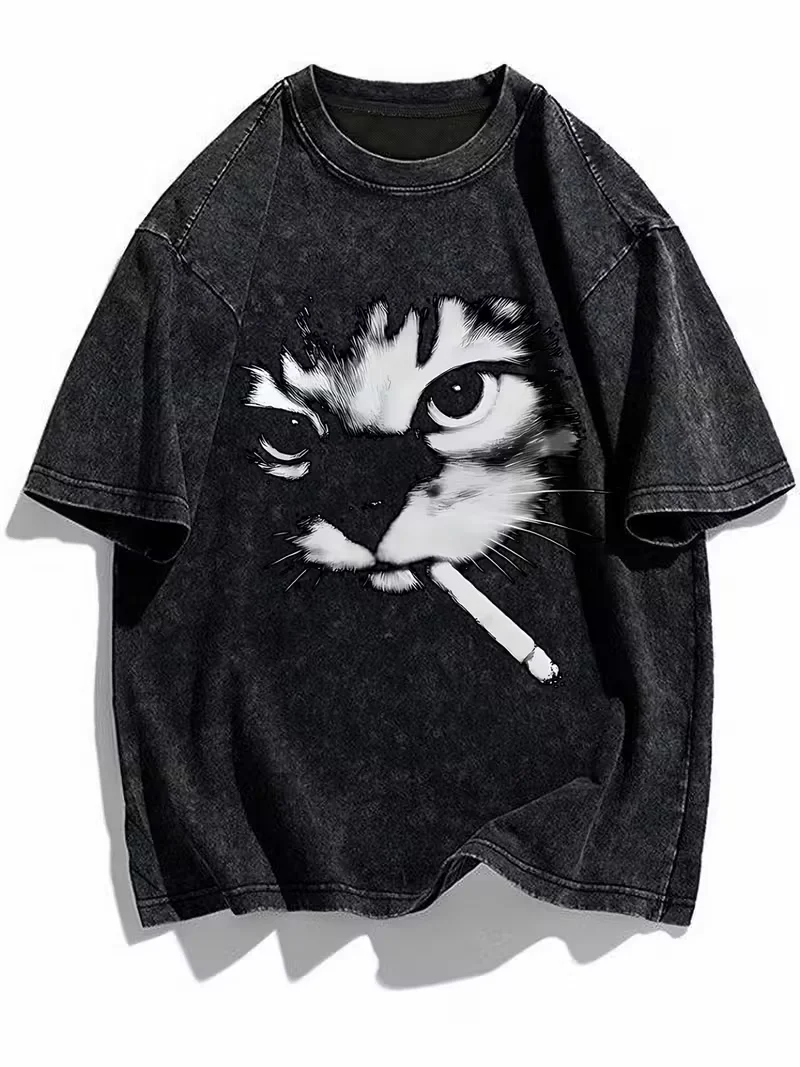 Women' Y2K Vintage Kitten Print T-Shirt - Summer Short Sleeve Blouse with Kitten Face Print , Loose Fit Round Neck Casual Top