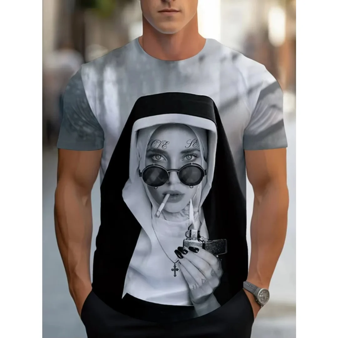 Kaos Sunglasses Rock Nun 3D Printing Musim Panas Olahraga Santai Cepat Kering Kaos Pria Pakaian Anak-anak Tee Y2k Wanita