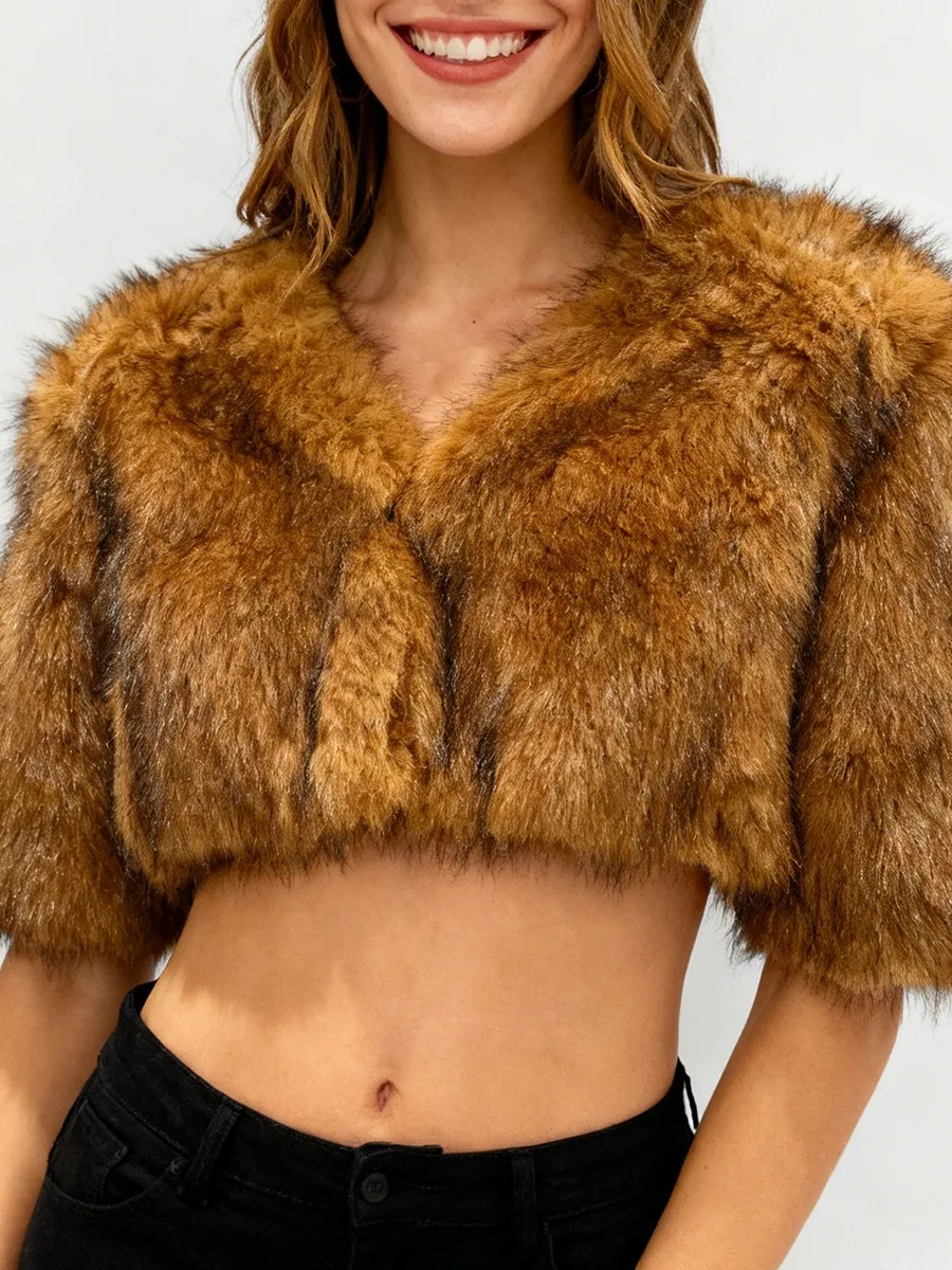 TWOTWINSTYLE الصلبة تقسم الفراء موضة سترات قصيرة للنساء الخامس الرقبة نصف الأكمام مزاجه سترة الإناث الخريف الملابس جديد #2