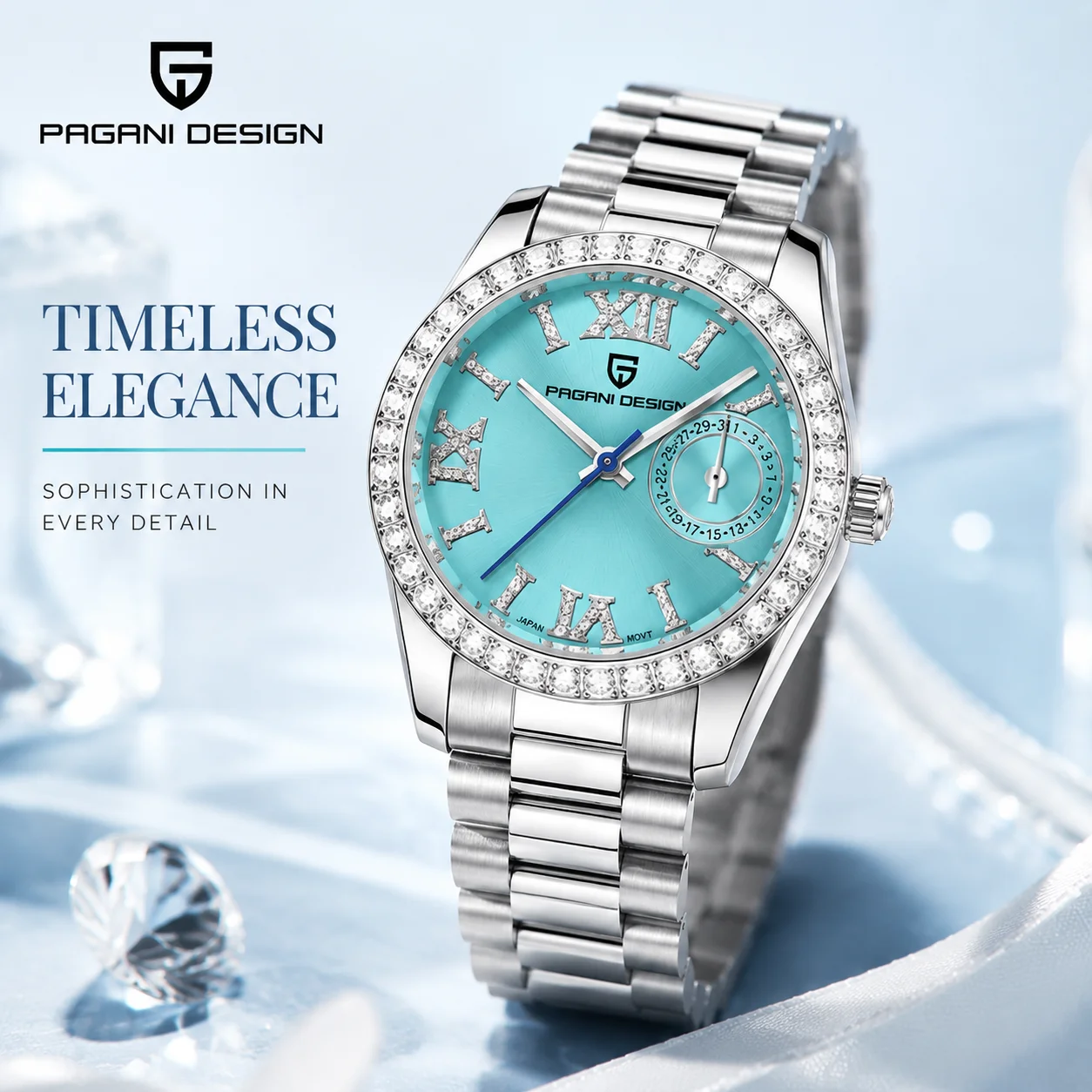 PAGANI DESIGN PD1776 Ladies Wristwatch 32MM Small Dial Crystal Diamond Face Stainless Steel Band Waterproof Calendar Fashion Lux