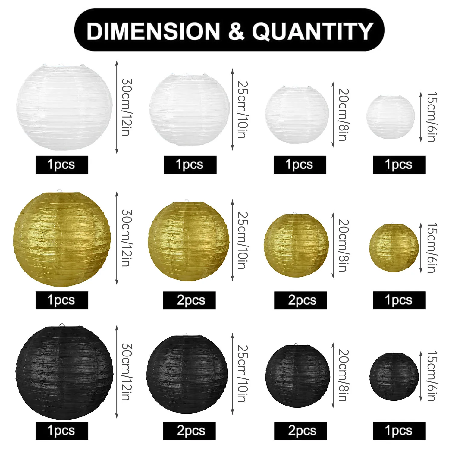 Schwarzgold-weiße runde Papierlaternen, dekorative hängende chinesische japanische Papierlaternen, Lampe für Jahrestag, Geburtstag, Hochzeit – Detail 31