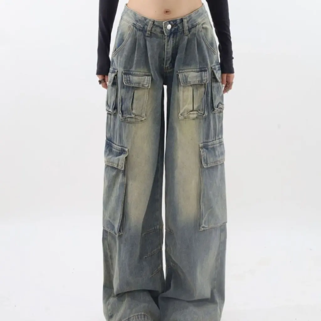 European And American Style Medium Low Waist Wide Leg Mop Pants for Women Multi-Pocket Loose Fit Workwear Jeans