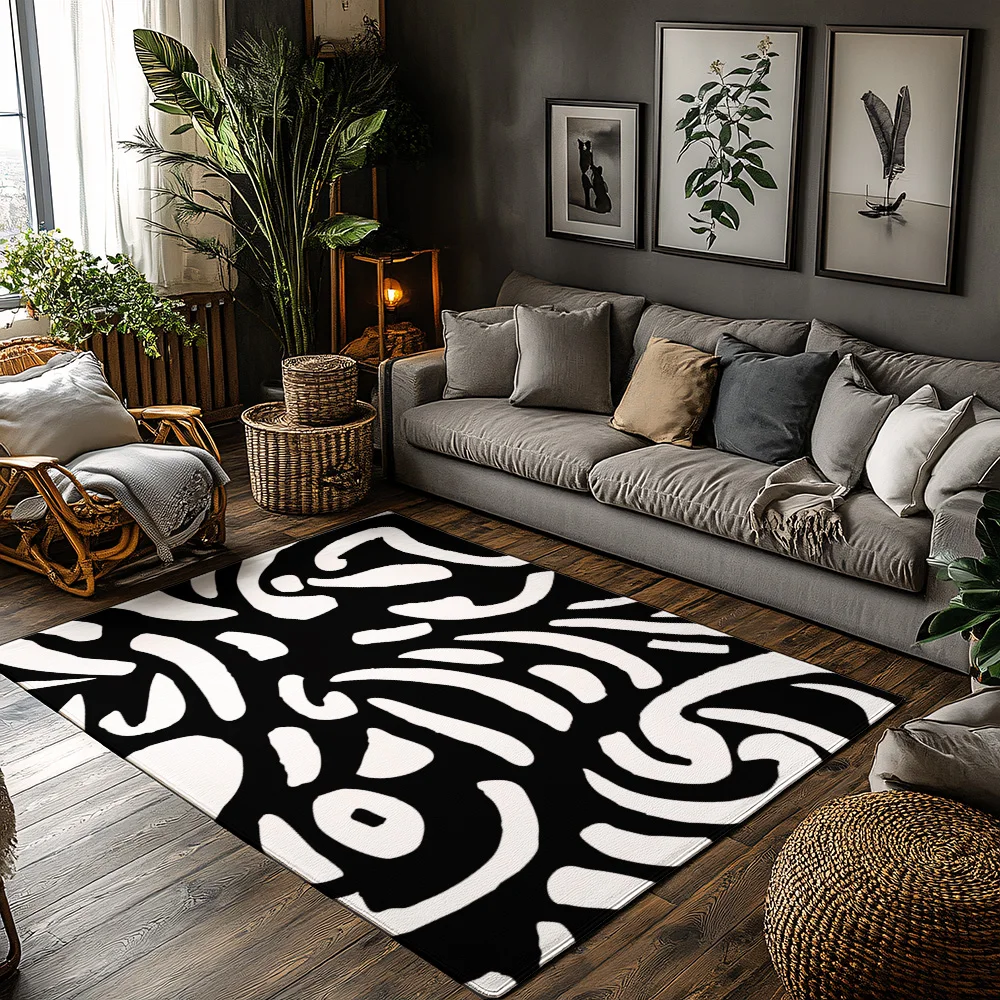 

Stylish Black White Abstract Area Rug Modern Non Slip Floor Mat Living Room Home Decor Indoor Outdoor Carpet Washable Doormat