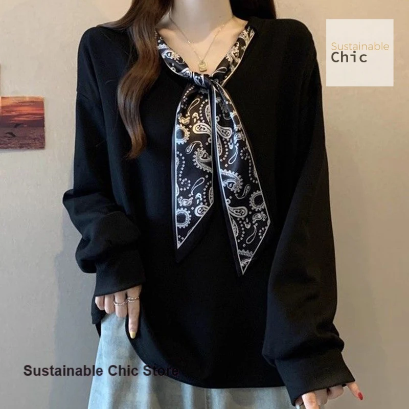 Korean-style scarf collar long-sleeved sweater women's autumn new plus-size temperament high-grade luxury western-style top