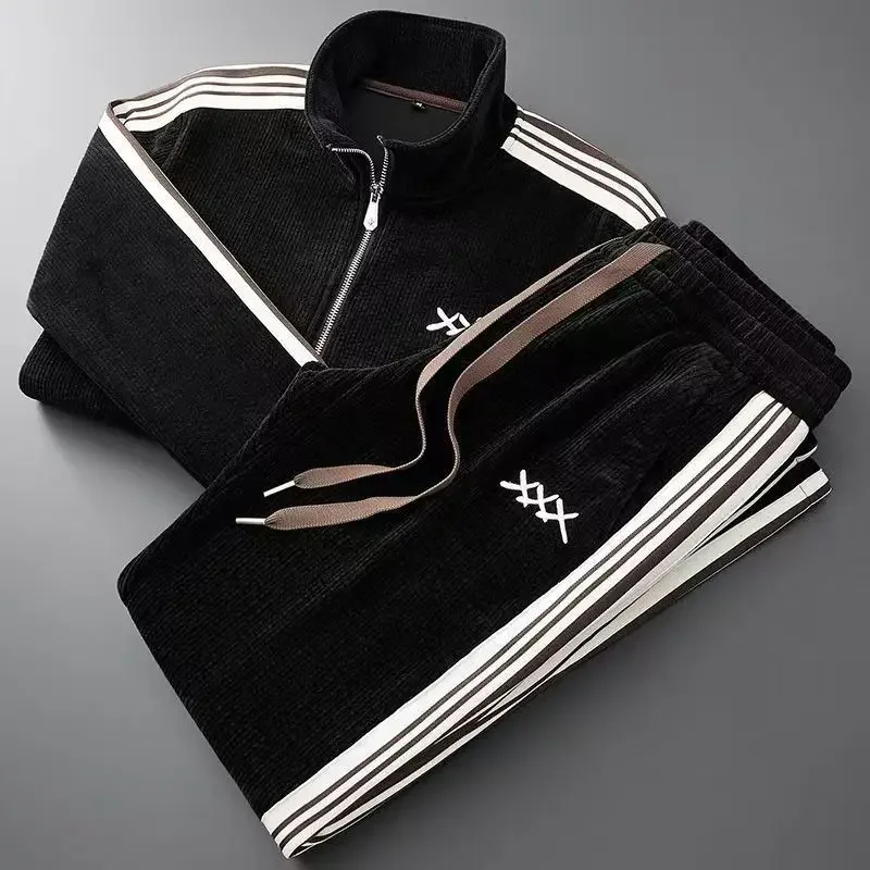 Autumn Winter warm sports Men Sets suit for men zipper stand-up collar cardigan jacket straight leg sweatpants two-piece set