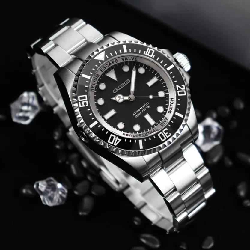 CRONOS Men Automatic Watch 44mm Mechanical Wristwatch Sapphire Diver 200ATM Waterproof BGW-9 Luminous PT5000 Ceramic Bezel