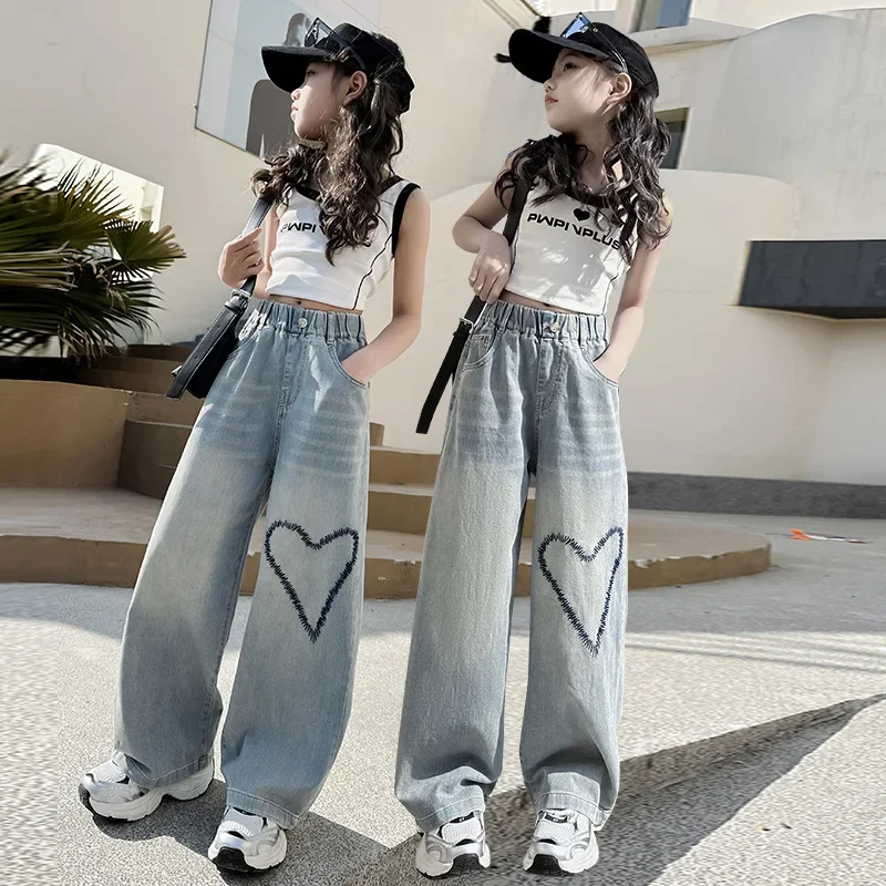

Children Trousers Spring Autumn Love Pattern Girls Jeans 5-14 Years Kids Clothes New Fashion Teenager Girls Denim Wide Leg Pants
