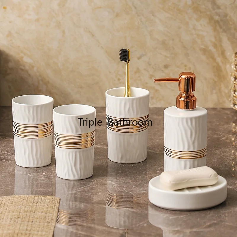 

5Pcs Ceramic Bathroom Toiletries Toothbrush Holder Soap Dish Toothbrush Cup Lotion Bottle Bathroom Accessories Homestay Supplies