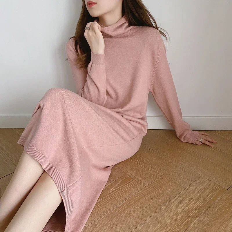 

Pile Collar Cashmere Dress Women Chic Winter Fall Loose Soft Knit Vestido Womens Clothing Autumn Korean Business Knitwear