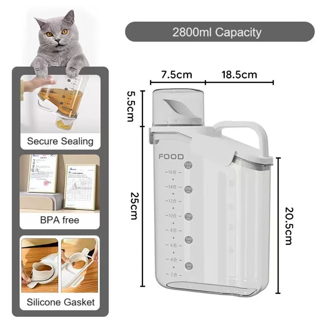 Waterproof-BPA Free 2lb/2.5L Pet Food Storage Container with Measuring Cup and Seal Buckles Plastic Food Dispenser for Dogs Cats