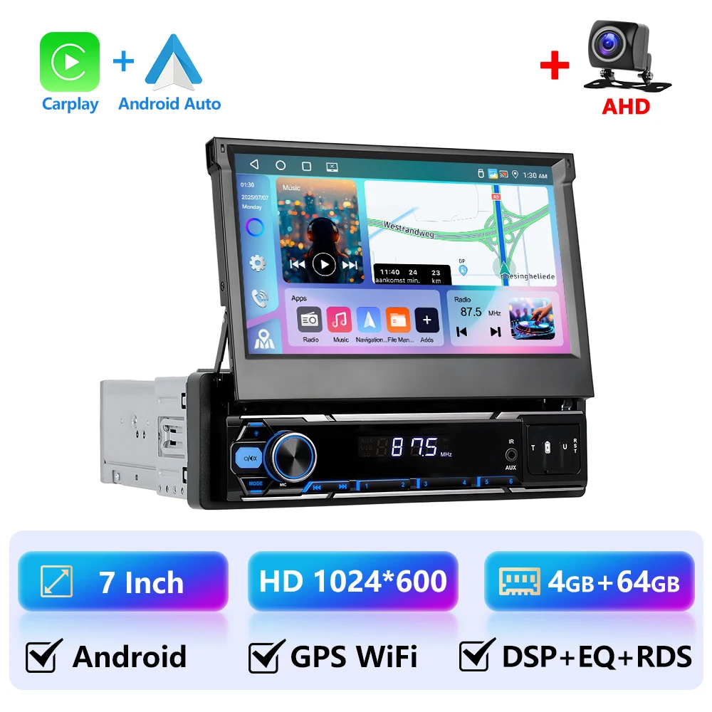 4 + 64G 1 Din Autoradio 7 Inch Flip Out HD Touchscreen Multimedia Speler Ondersteuning Carplay Android Auto GPS Stereo WIFI Mirrorlink