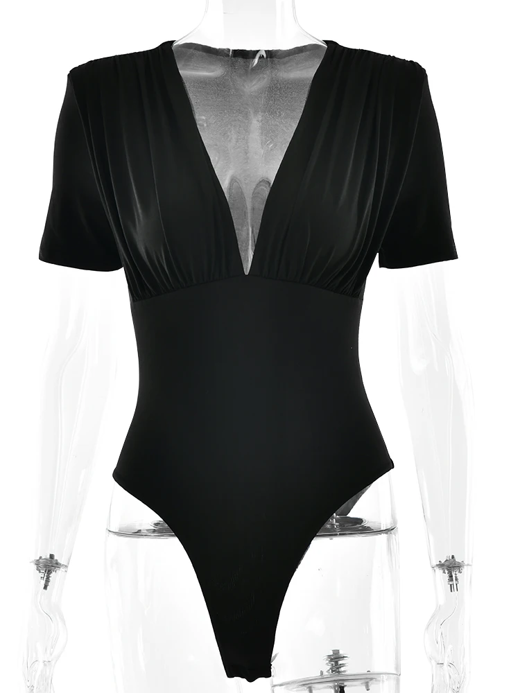 JULISSA MO Sexy Deep V-neck Ruched Women Bodysuit Khaki Short Sleeve High Waist Playsuit Autumn Slim Elegant Party Clubwear 2025