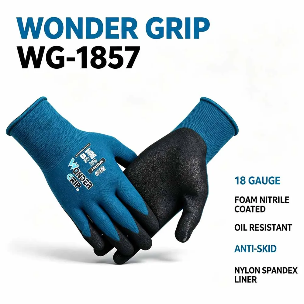 Wonder Grip Work Gloves 18 Gauge Nylon Spandex Foam Nitrile Coated Anti‑Slip Flexible Safety Work Gloves #0727