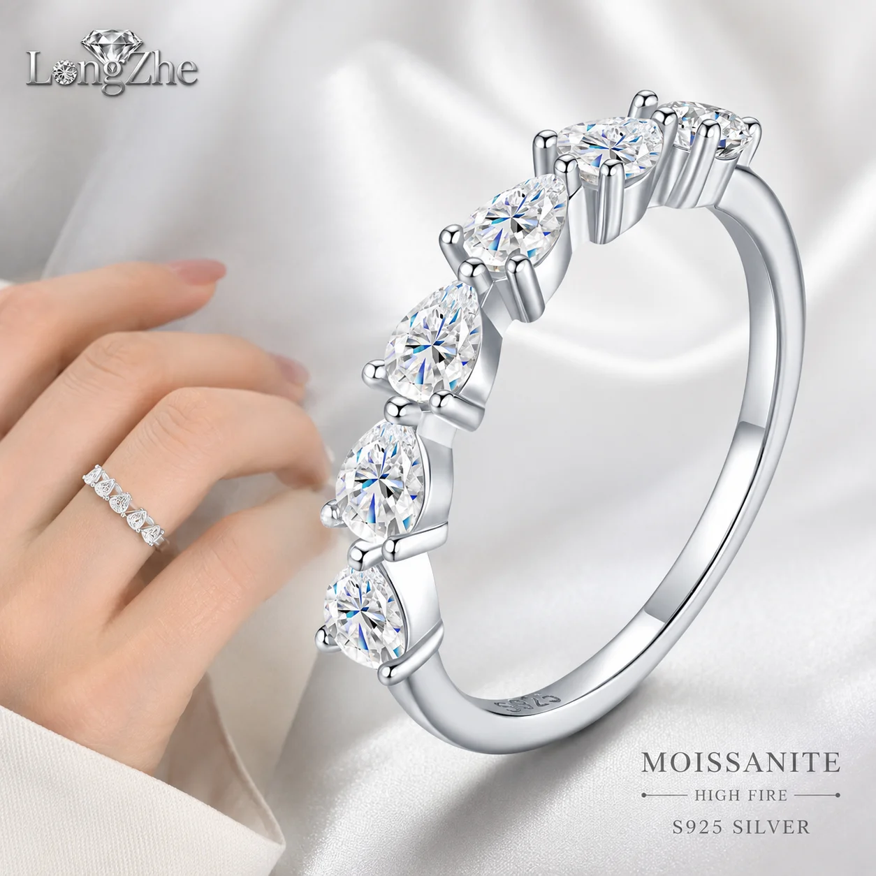

LongZhe Moissanite Ring Silver 925 Rings for Women 3x4mm Pear Stone Band Ring 925 Sterling Silver Fine Jewelry Gift US Sizes 5-9