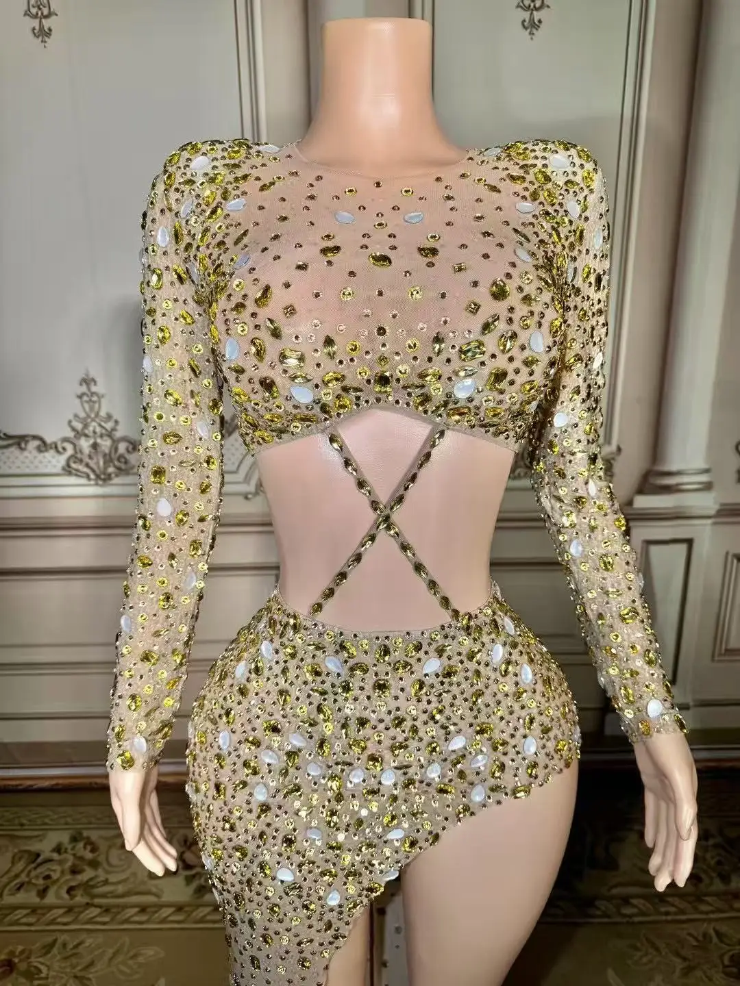 Sexy Party Dress Hollow Out Sleeveless Prom Gowns Pageant Dinner Night Wear for Women High Slit Performance Costumes