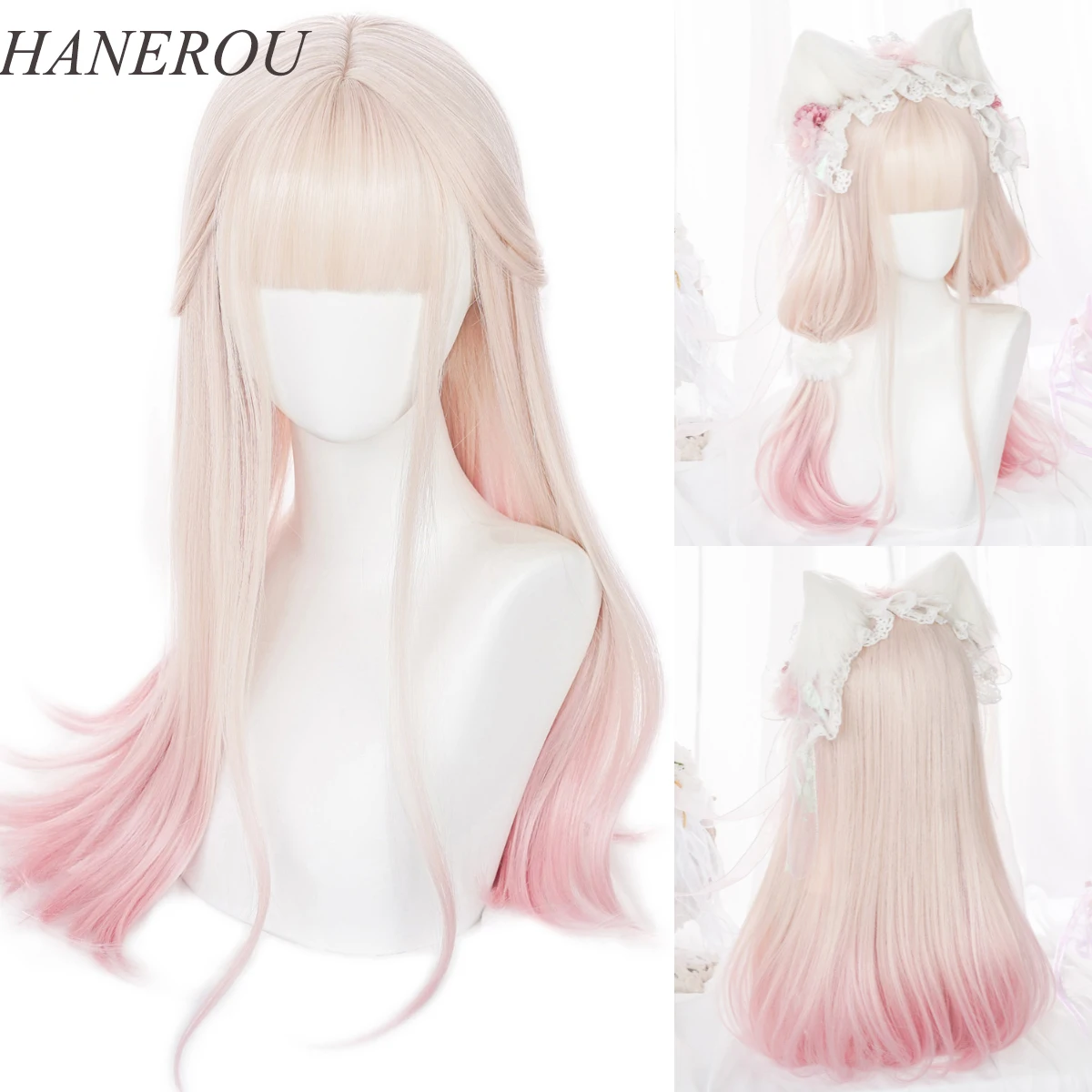 HANEROU Cos-Peluca de Lolita para mujer, pelo largo y liso sintético, color rubio y rosa, para fiesta, Cosplay