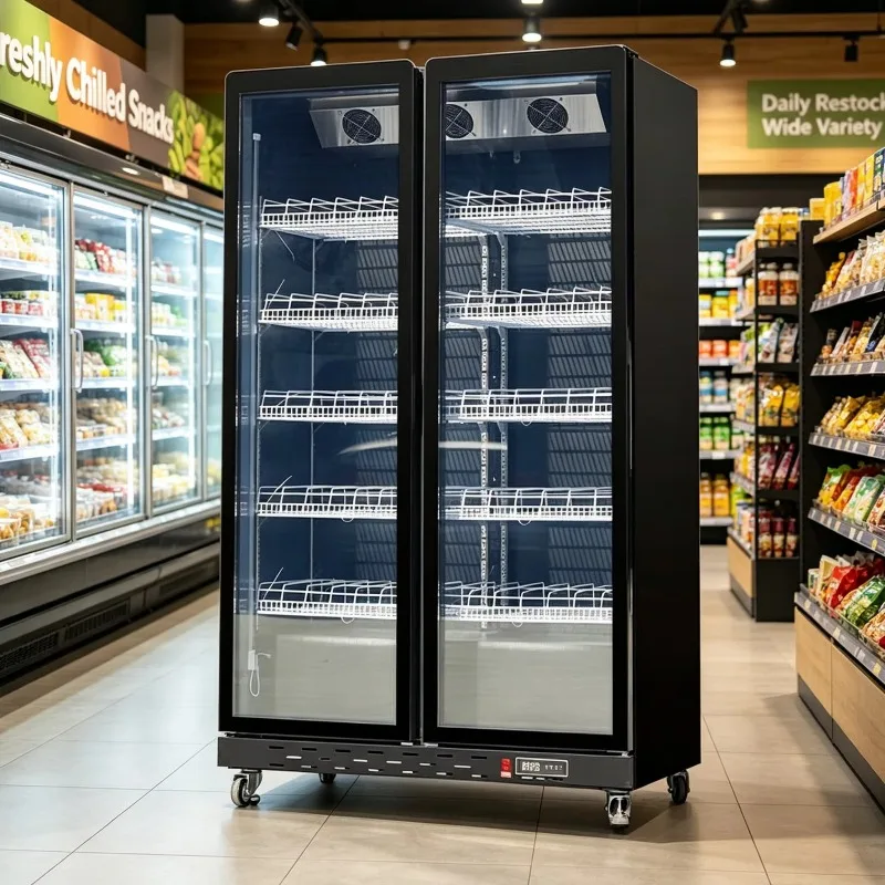 Luxury Frost-Free Glass Door Refrigerated Display Cabinet Lockable Upright Cooler for Supermarket Drinks and Fresh Food Display
