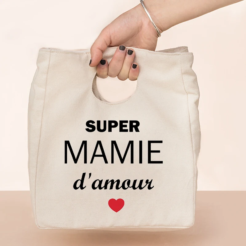 Super Mamie Print Pattern Cooler Lunch Bag Portable Insulated Canvas Bento Tote Thermal Picnic Food Storage Pouch Gift for Mamie