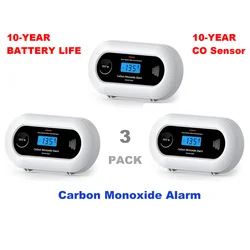 Koolmonoxidemelder met 10-jarige CO-sensor, CO-gasdetector met 10-jarige batterij, CE EN 50291, VC21, zwart, 3-PACK