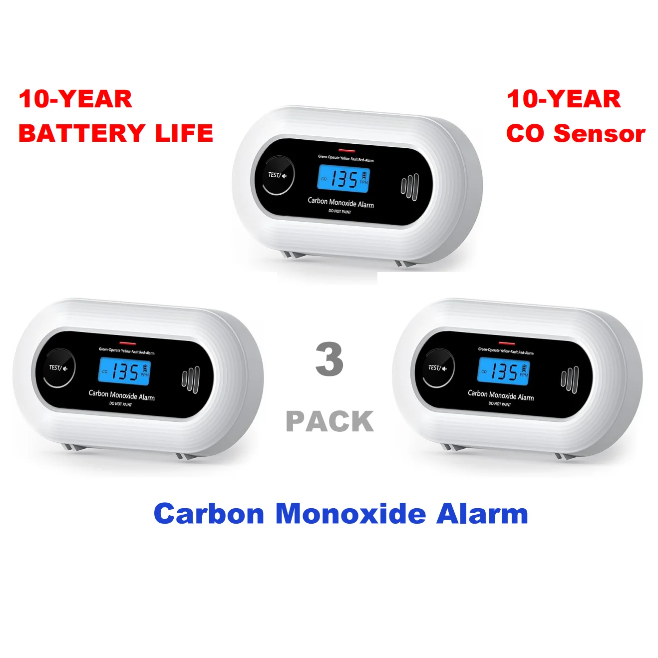 Carbon Monoxide Alarm with 10-Year CO Sensor, CO Gas Detector with 10-Year Life Battery, CE EN 50291, VC21, Black, 3-PACK