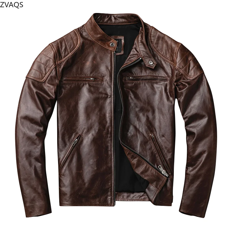 ZVAQS Real Goatskin Genuine Leather Jacket Men Stand Collar Brown Jackets New in Outerwears Autumn Mens Clothes Дубленка 2025