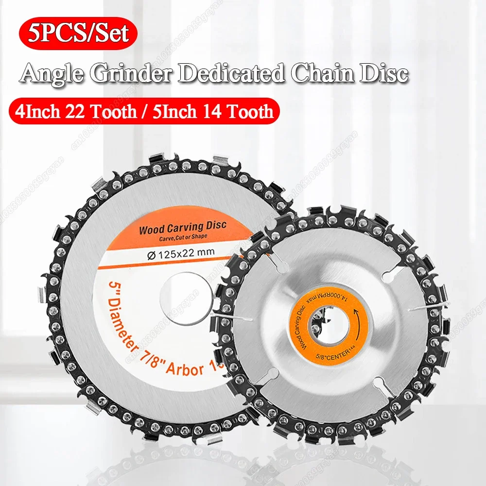 

4Inch 22 Tooth / 5Inch 14 Tooth Angle Grinder Disc Dedicated Chain Disc Woodwork Carving Chain Saw Disc Slotting Blade Tool 5Pcs