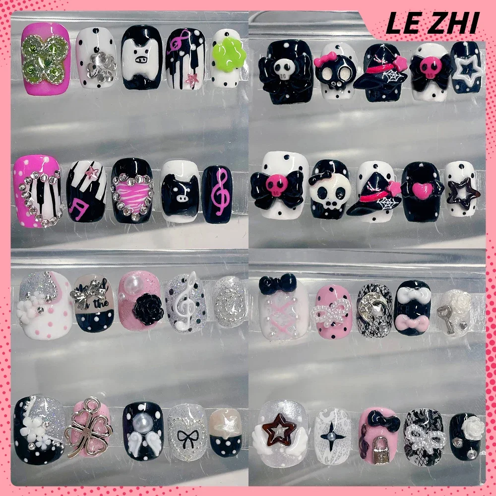 

Spice Girl Diamond Flower Handmade Short Square Wearable Full Cover Nail Four-Leaf Clover Polka Point Bowknot Star Press On Nail